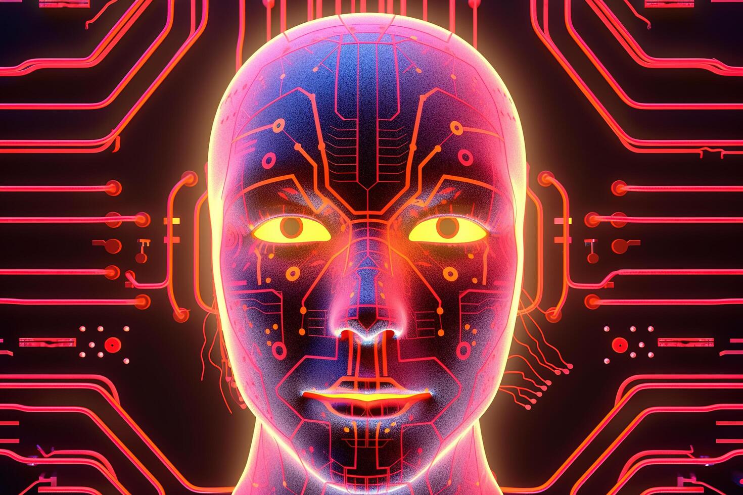 AI robot humanoid face with the circuit board background. photo