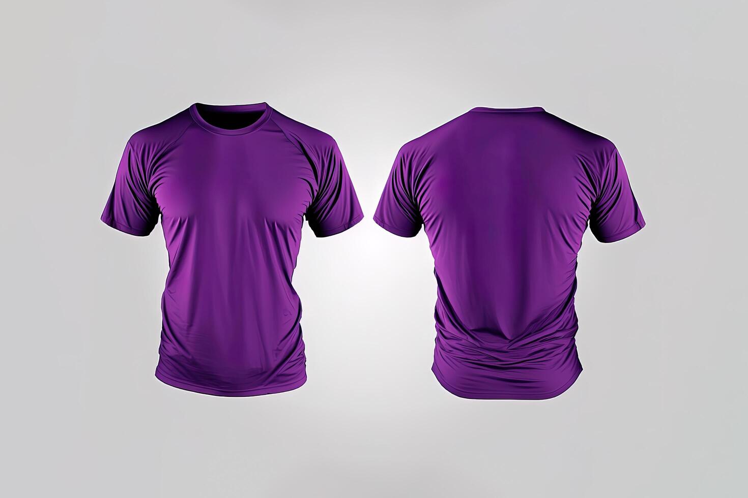 Photo realistic male purple t-shirts with copy space, front and back view.