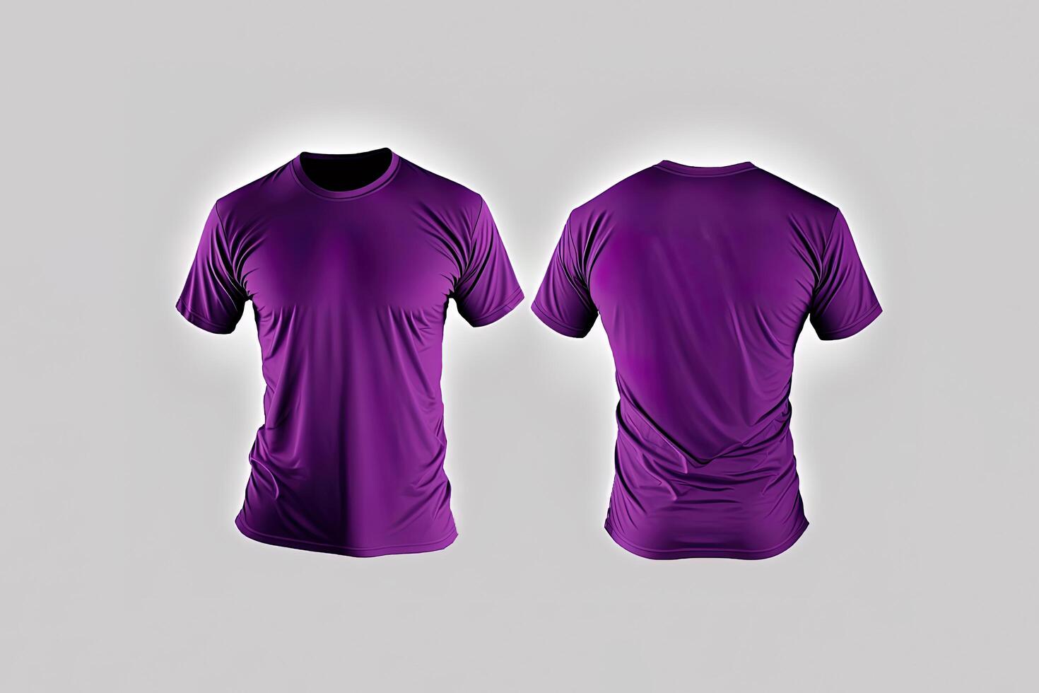 Photo realistic male purple t-shirts with copy space, front and back view.