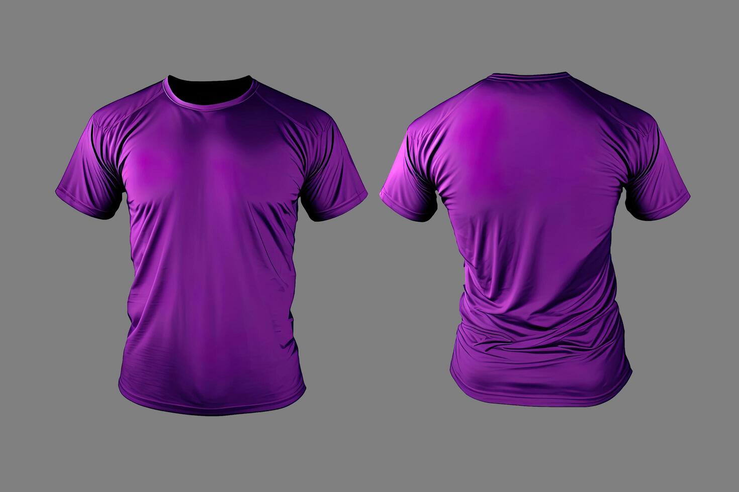 Photo realistic male purple t-shirts with copy space, front and back view.