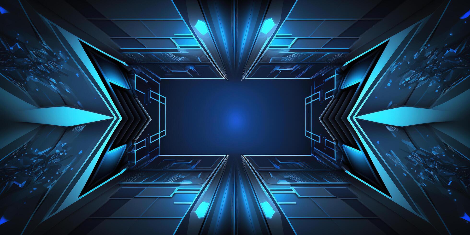 symmetrical blue tech abstract background with lines and shapes. photo