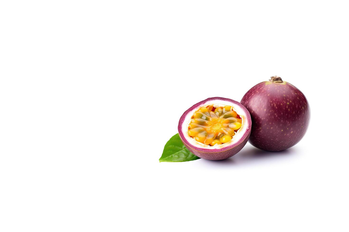 Fresh whole and sliced purple passion fruits isolated on white background with copy space. photo