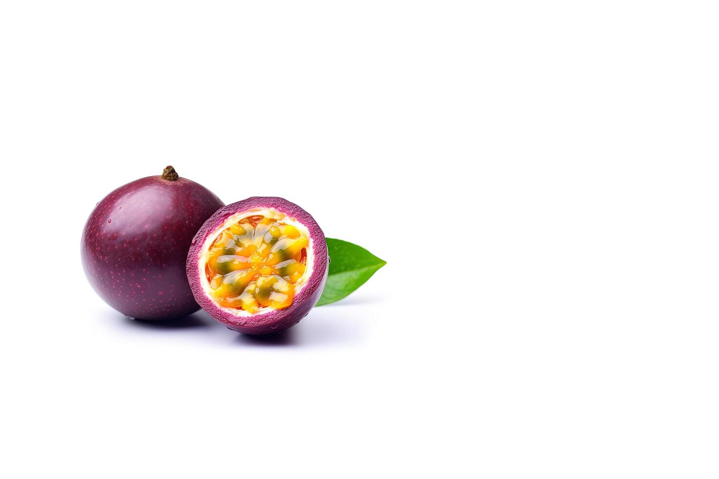 Fresh whole and sliced purple passion fruits isolated on white background with copy space. photo