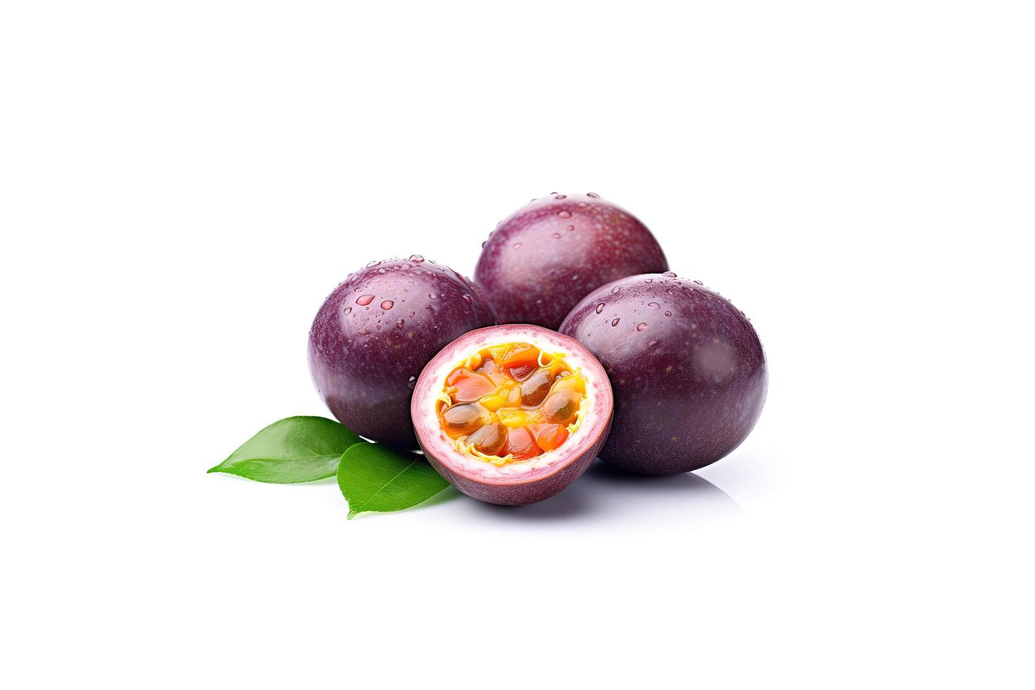 Fresh whole and sliced purple passion fruits isolated on white background. photo