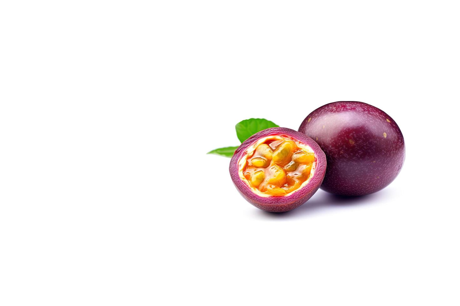 Fresh whole and sliced purple passion fruits isolated on white background with copy space. photo