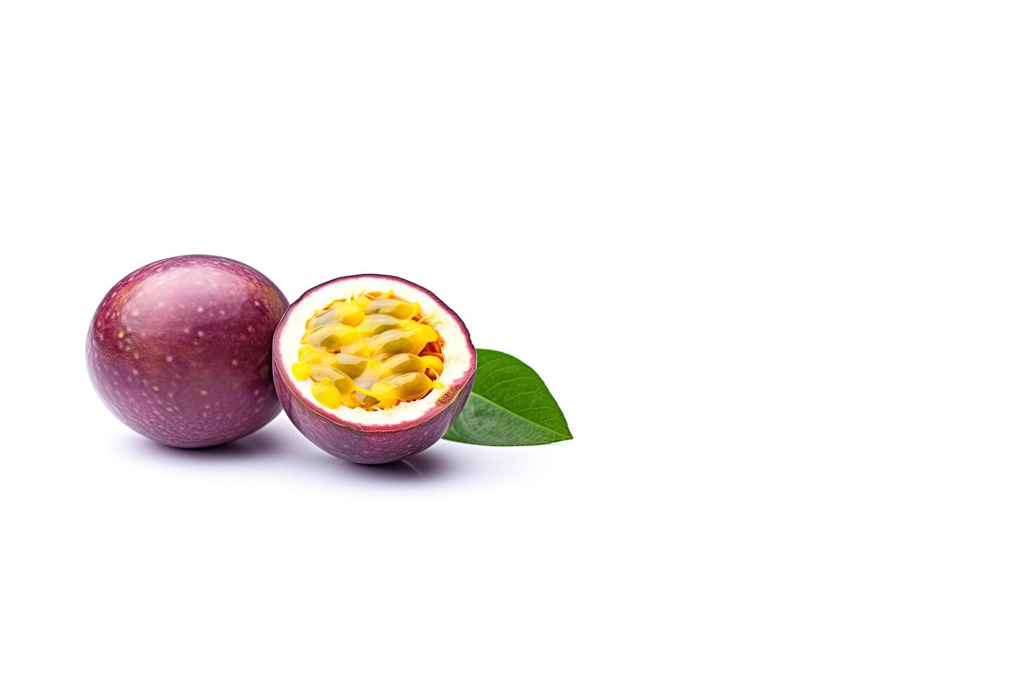 Fresh whole and sliced purple passion fruits isolated on white background with copy space. photo