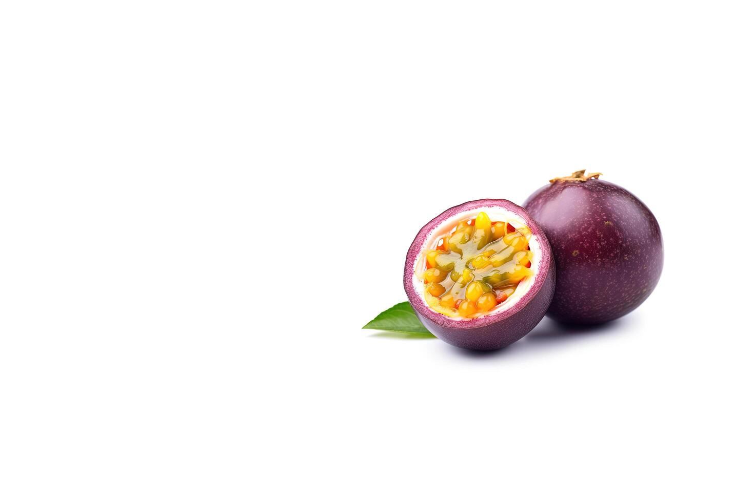 Fresh whole and sliced purple passion fruits isolated on white background with copy space. photo