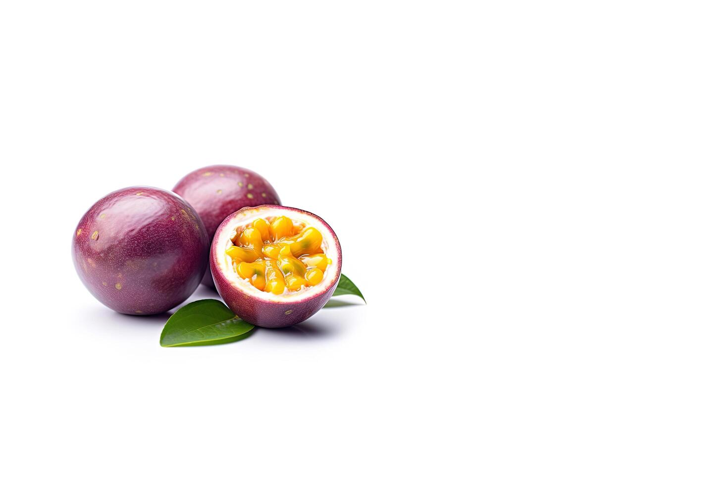 Fresh whole and sliced purple passion fruits isolated on white background with copy space. photo