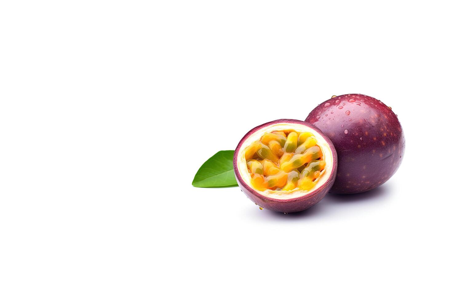 Fresh whole and sliced purple passion fruits isolated on white background with copy space. photo