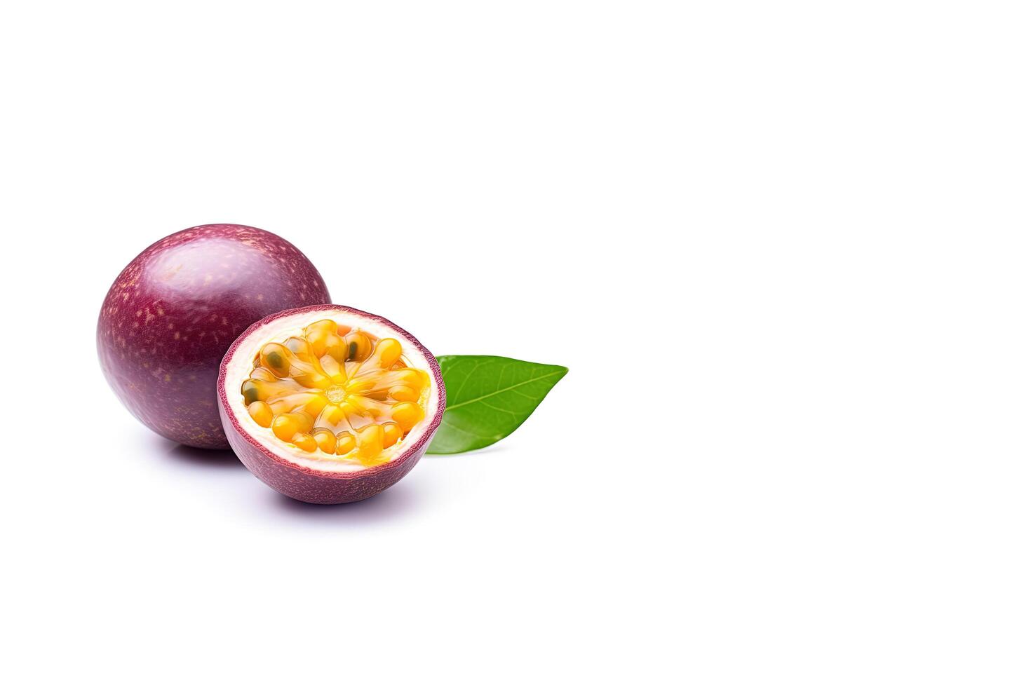 Fresh whole and sliced purple passion fruits isolated on white background with copy space. photo