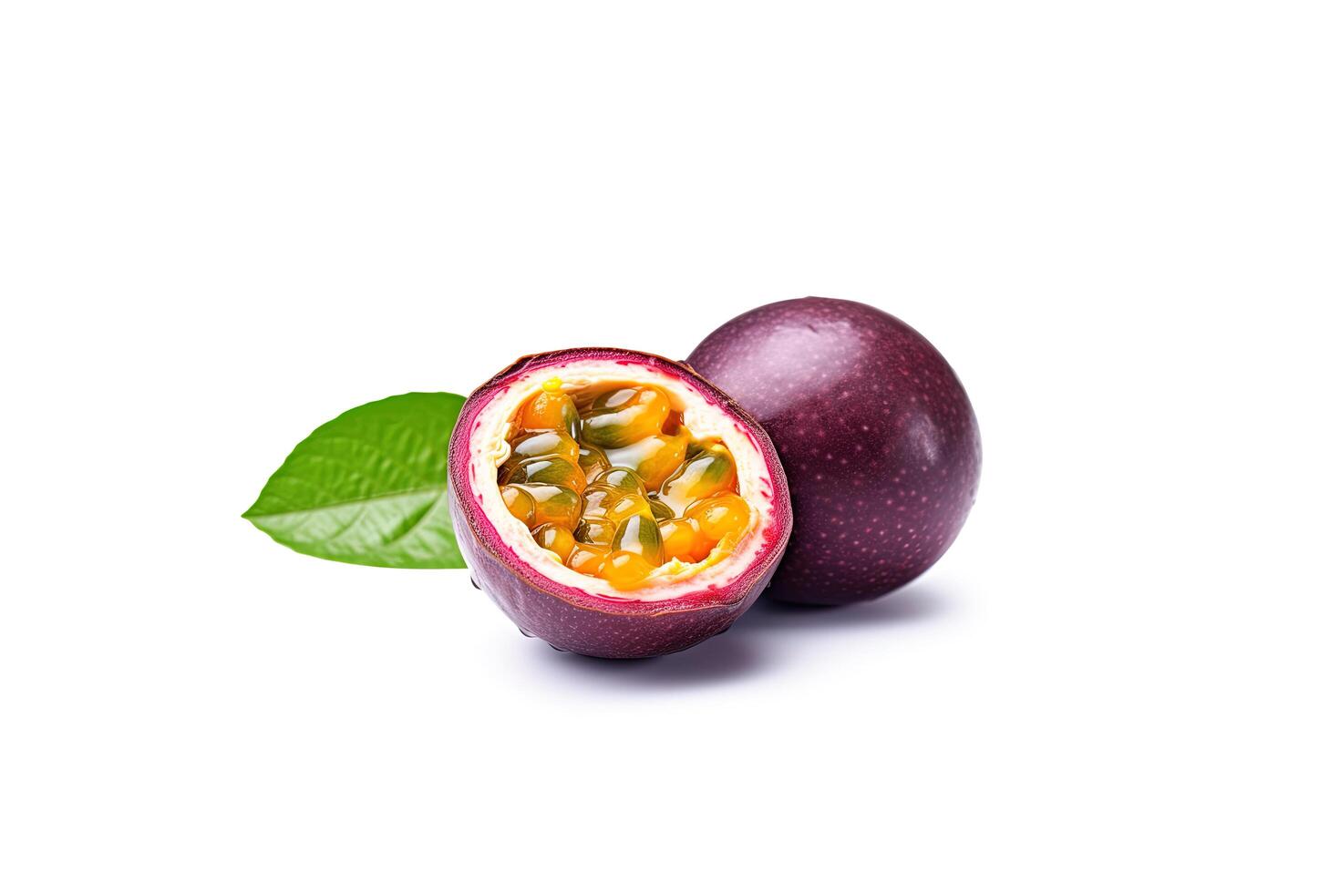 Fresh whole and sliced purple passion fruits isolated on white background. photo