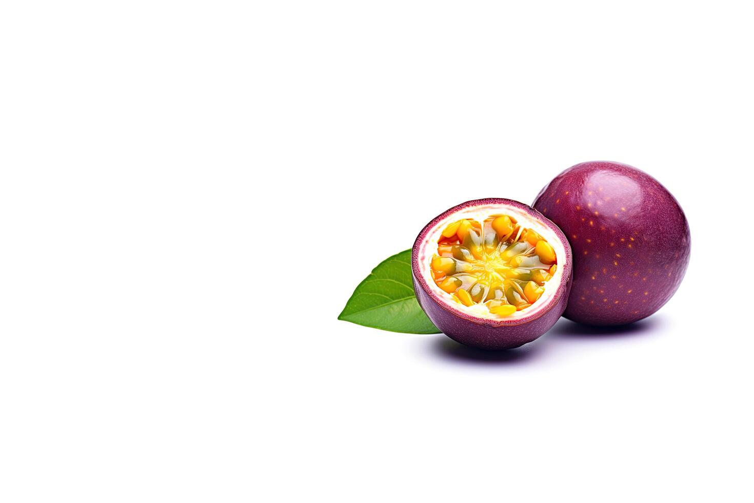 Fresh whole and sliced purple passion fruits isolated on white background with copy space. photo