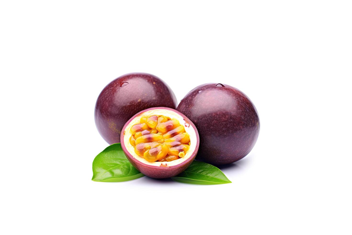 Fresh whole and sliced purple passion fruits isolated on white background. photo