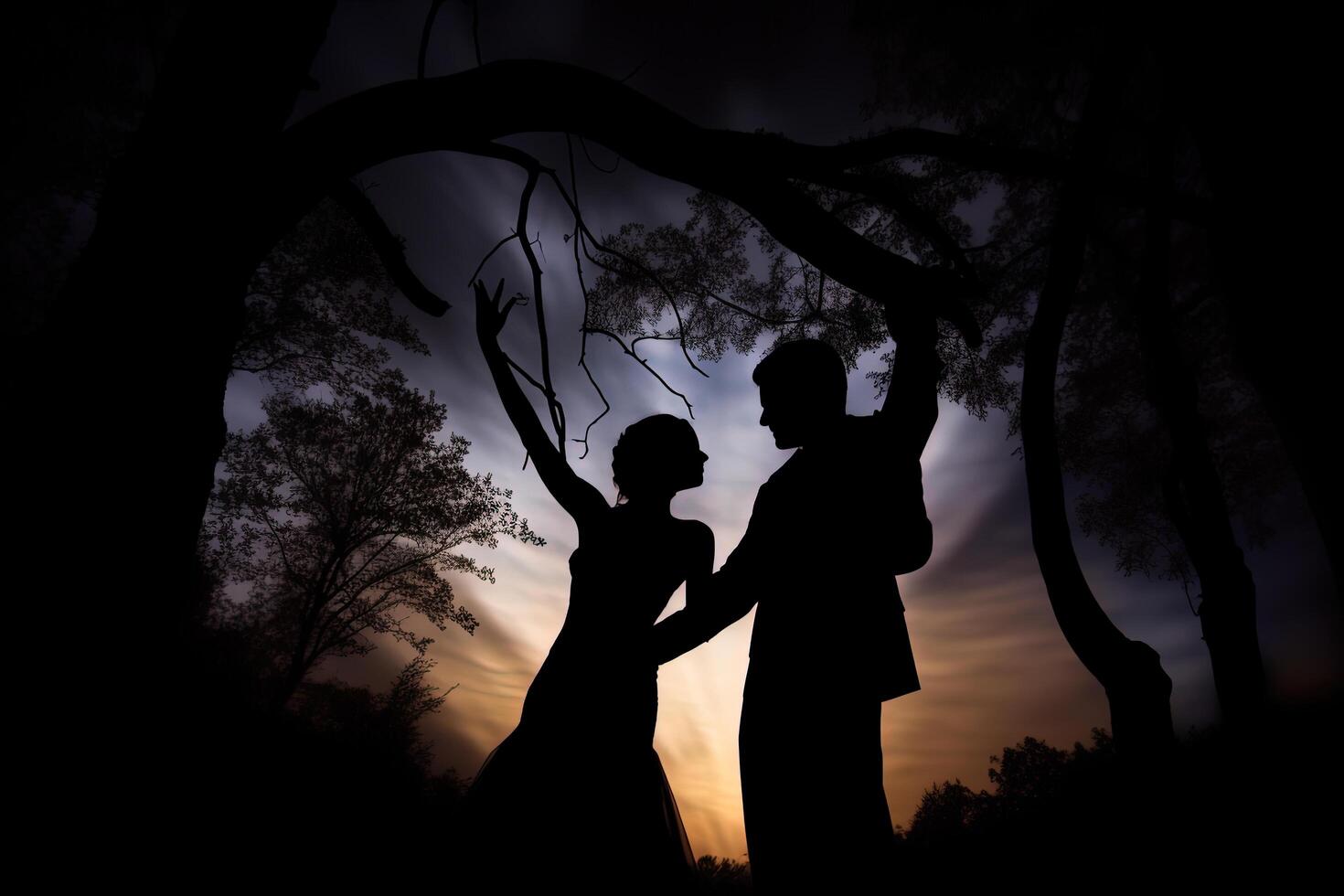 Silhouette of a romantic couple dancing and enjoying in the dark. photo