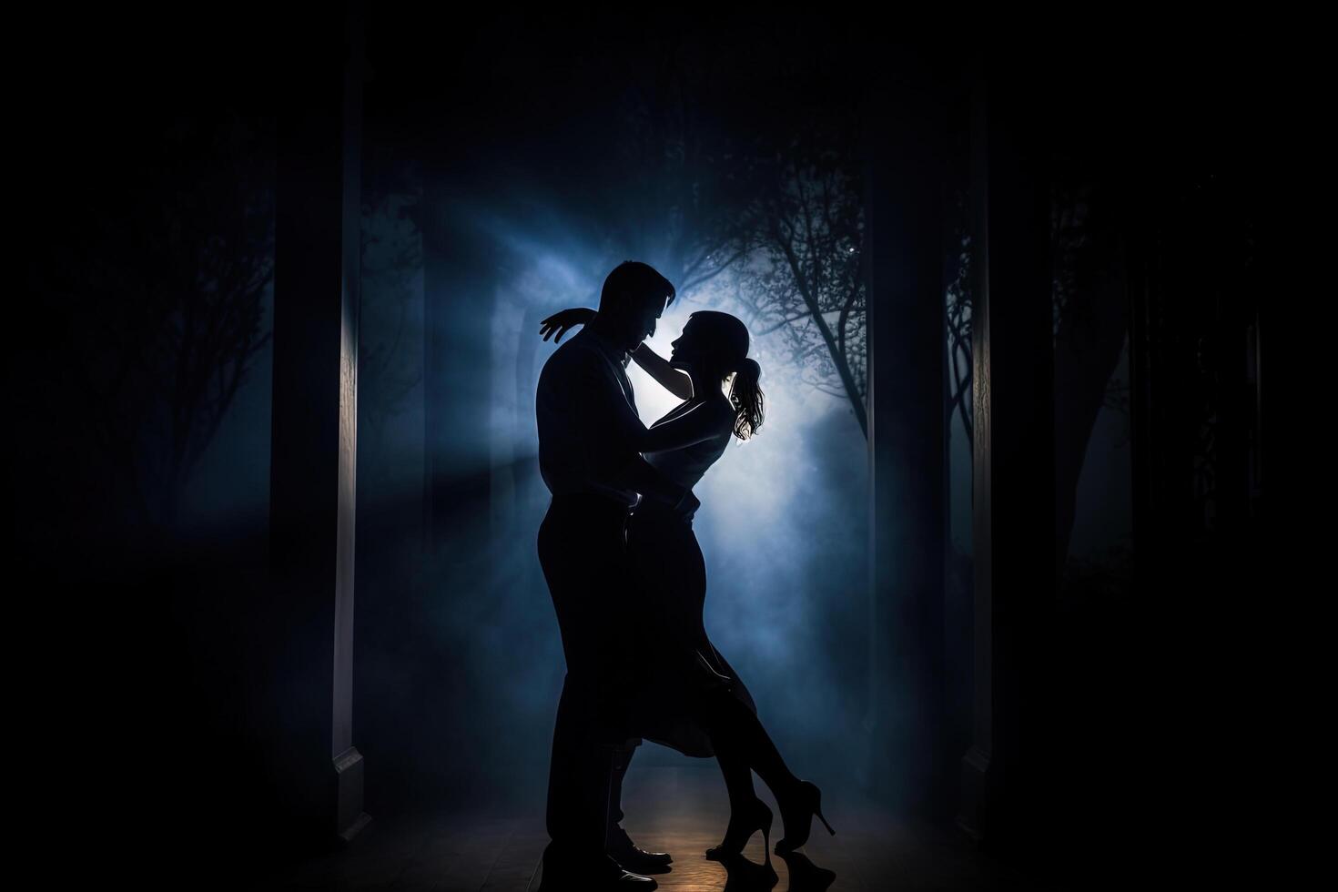 silueta de un romántico Pareja bailando y disfrutando en el oscuro. ai generado foto