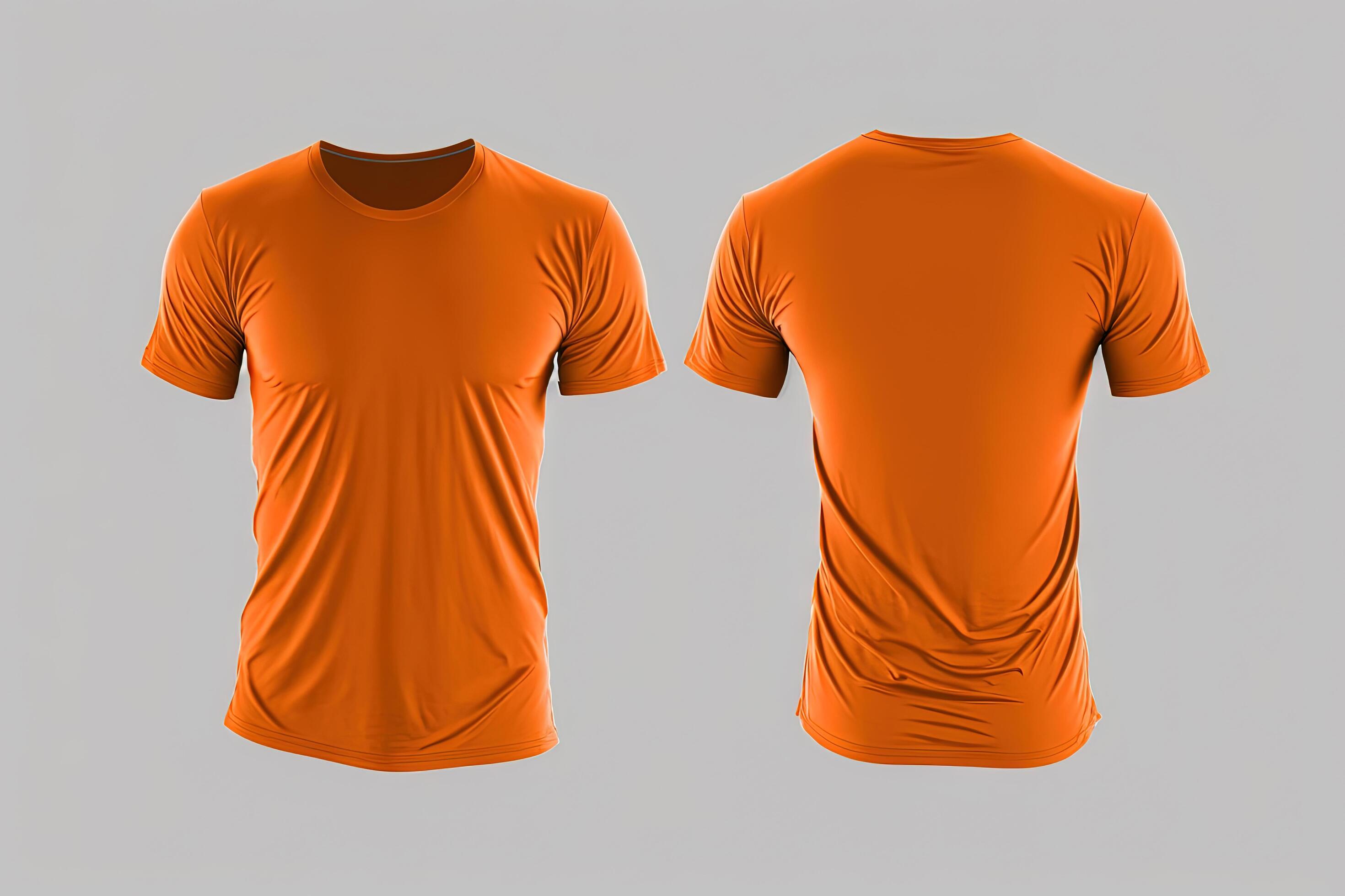 Photo realistic male orange t-shirts with copy space, front and back ...