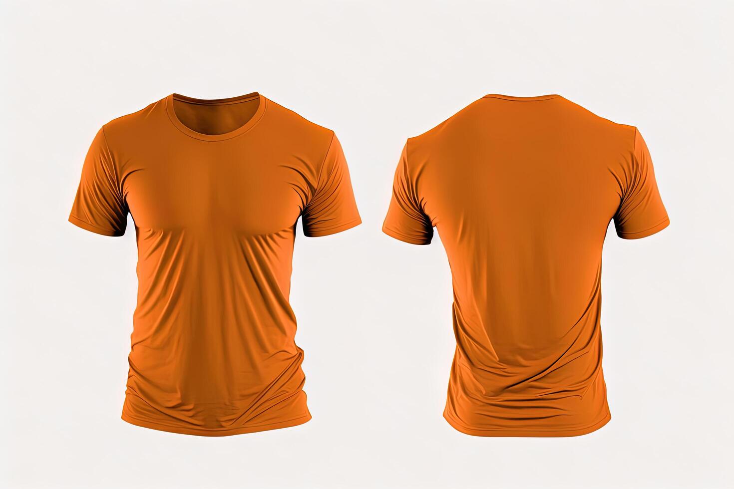 Photo realistic male orange t-shirts with copy space, front and back view.