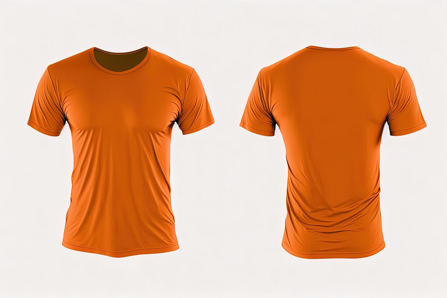Photo realistic male orange t-shirts with copy space, front and back view.