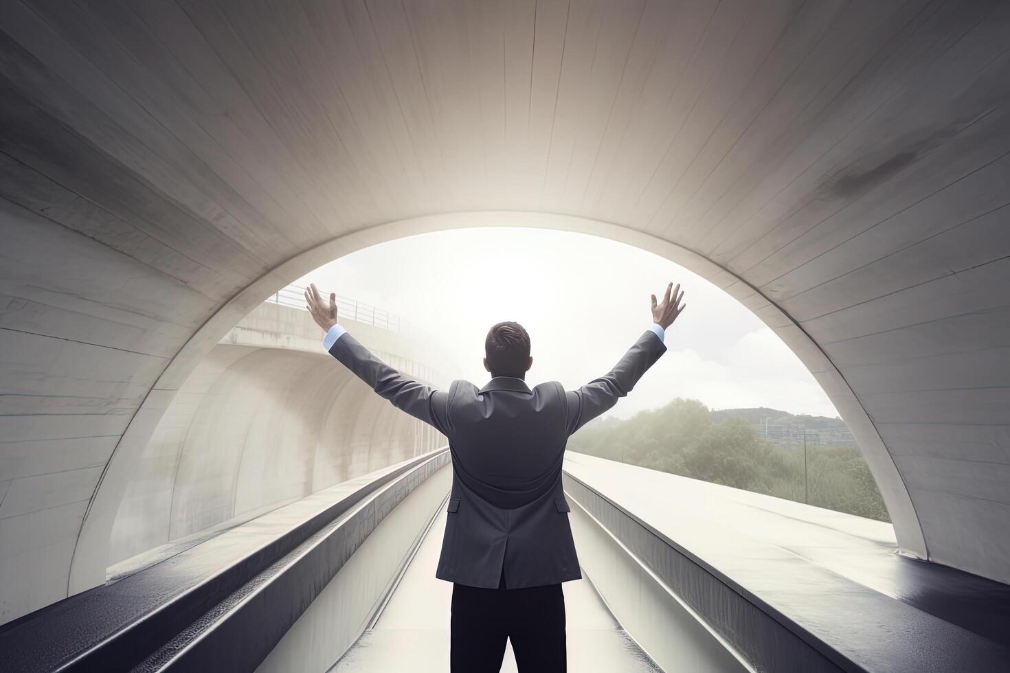 Successful businessman raising hand and expressing positivity while standing over the bridge. photo
