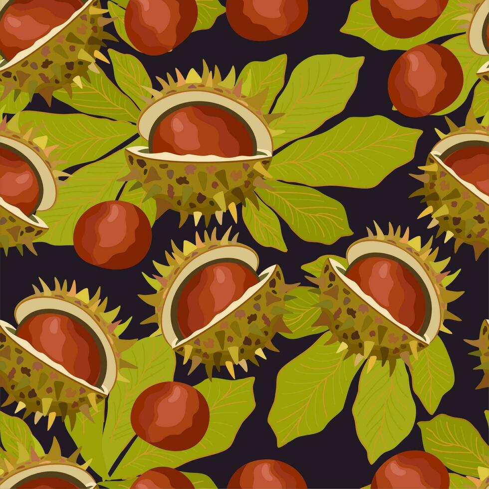 Chestnut pattern. Vector ornament on dark background.
