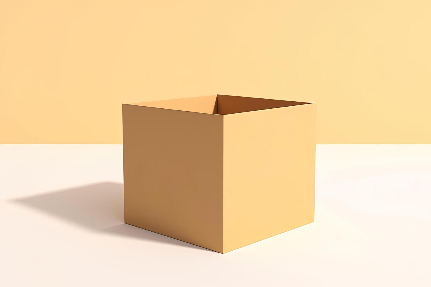 Cardboard box with opened cover isolated on white and beige background. photo