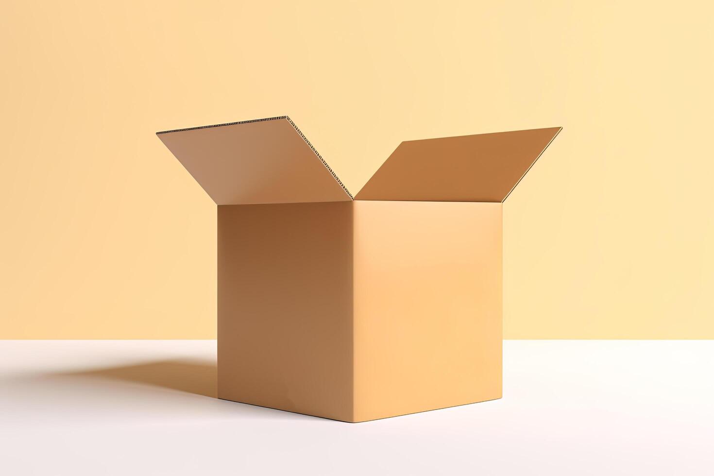 Cardboard box with opened cover isolated on white and beige background. photo