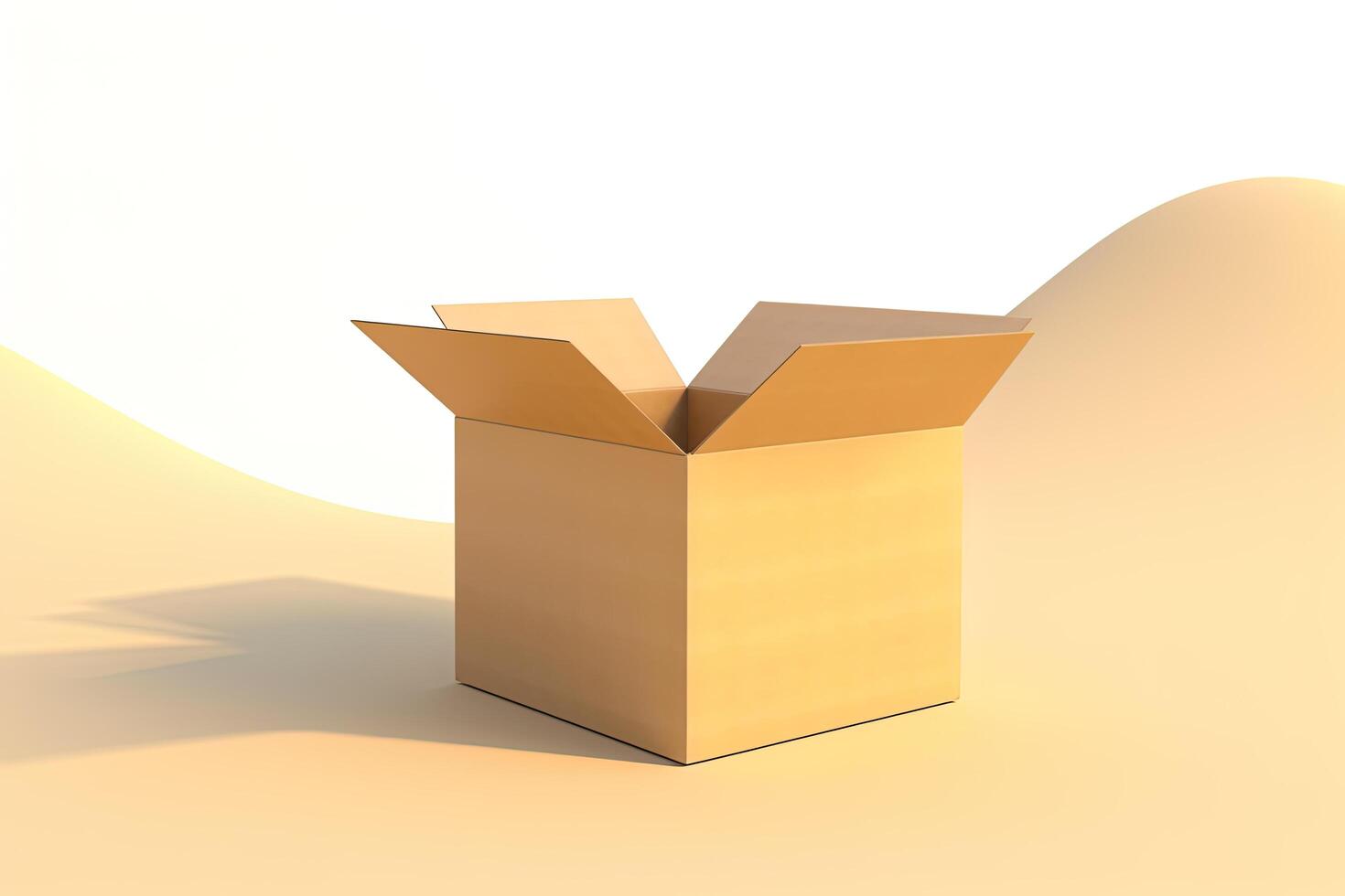 Cardboard box with opened cover isolated on white and beige background. photo