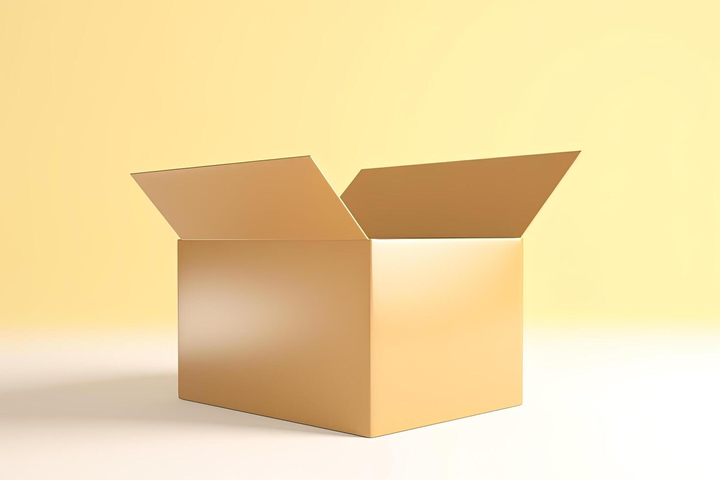 Cardboard box with opened cover isolated on white and beige background. photo