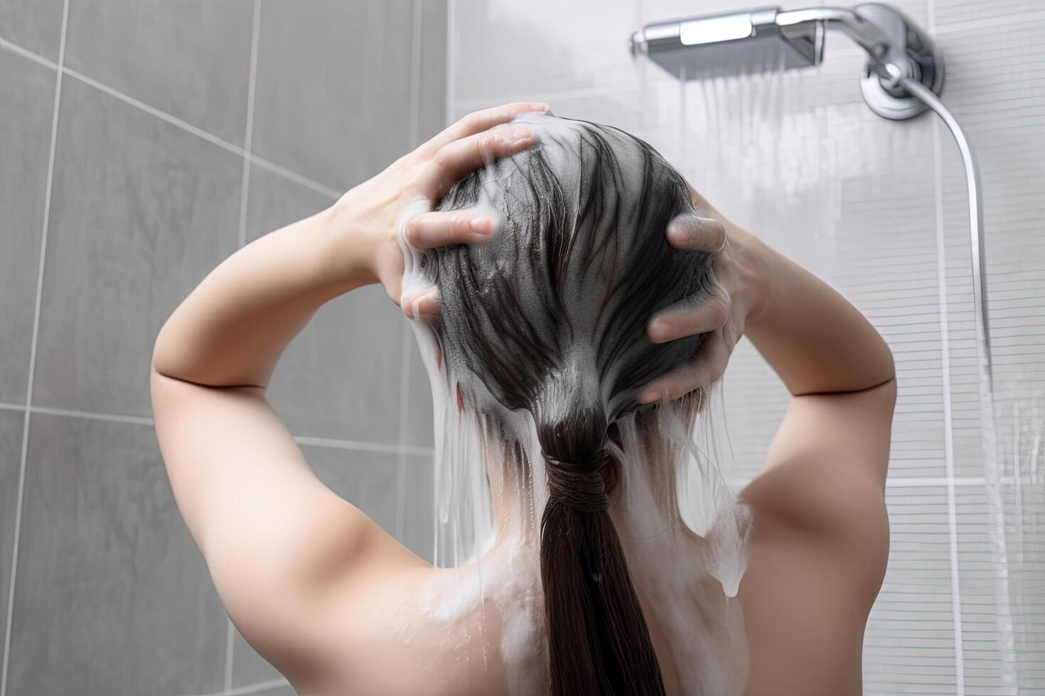 mujer Lavado pelo con champú y ducha en el baño. ai generado foto