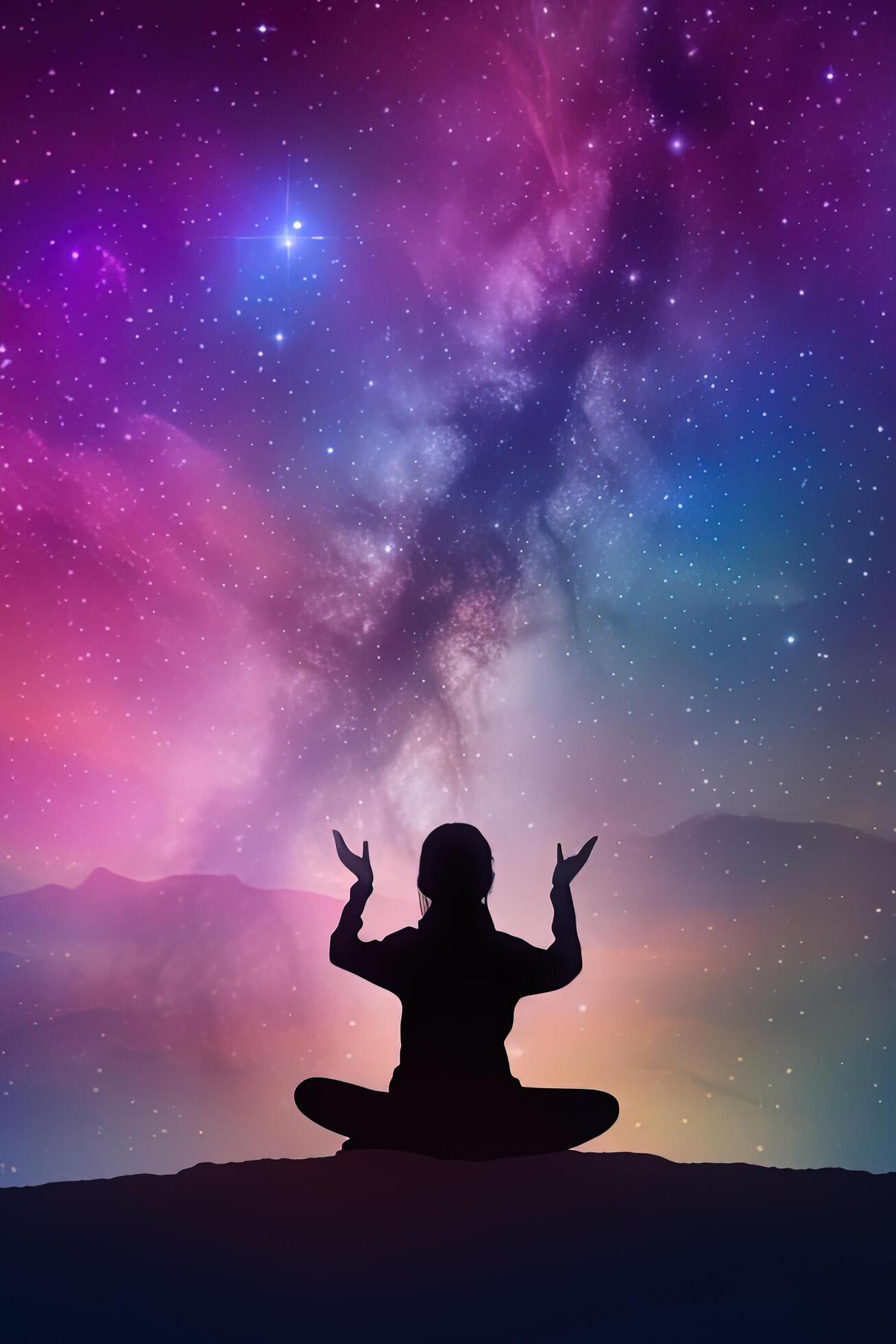 a woman meditating under a galaxy sky. AI Generated 23978377 Stock ...