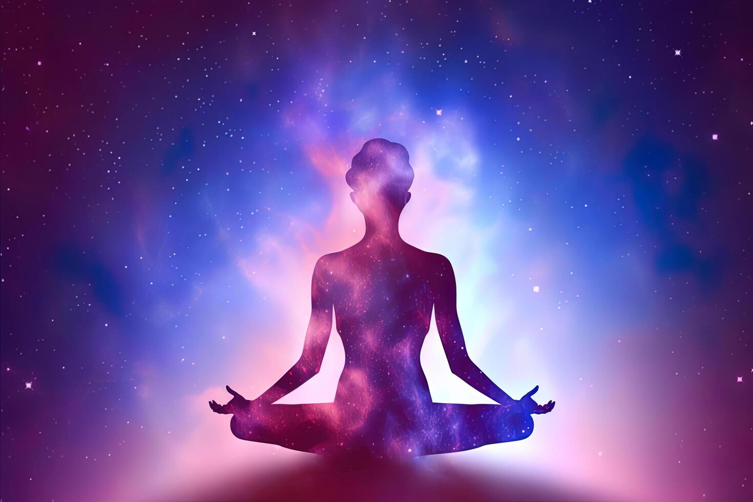 a woman meditating under a galaxy sky. photo