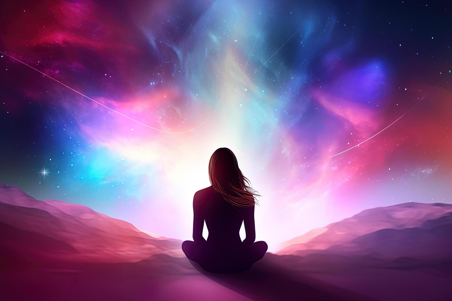 a woman meditating under a galaxy sky. photo