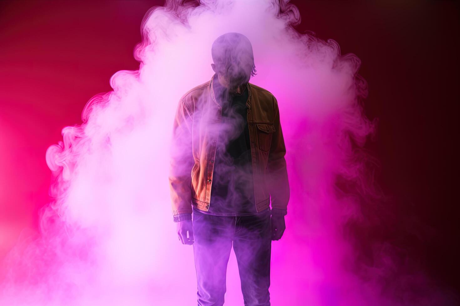 un hombre en pie en frente de un nube de fumar con neón luces. ai generado foto