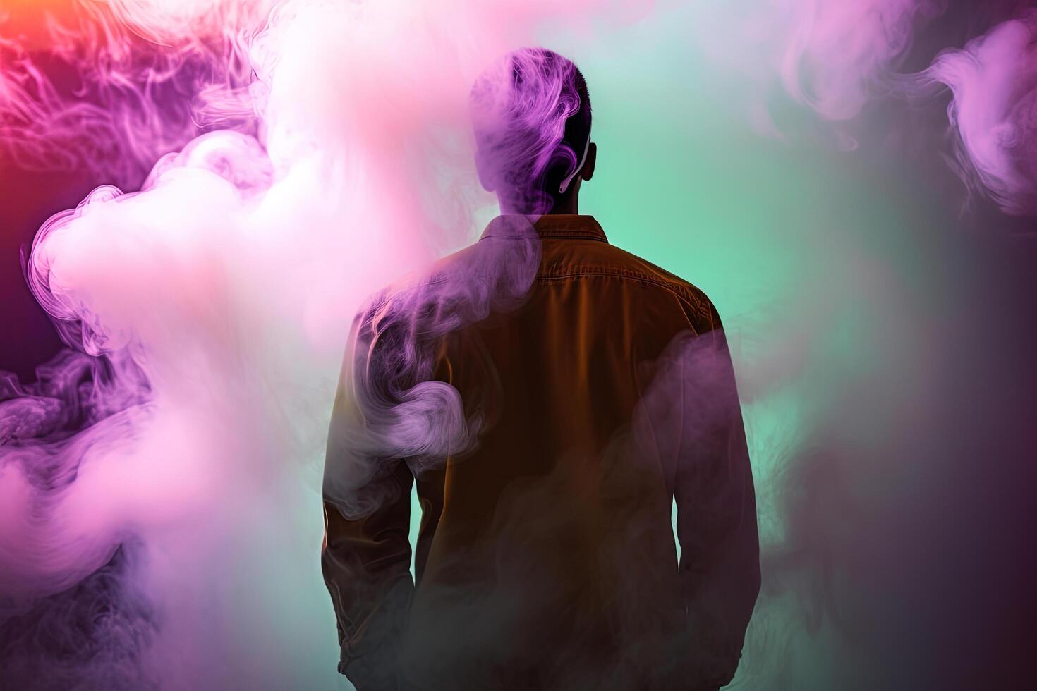 a man standing in front of a cloud of smoke with neon lights. photo