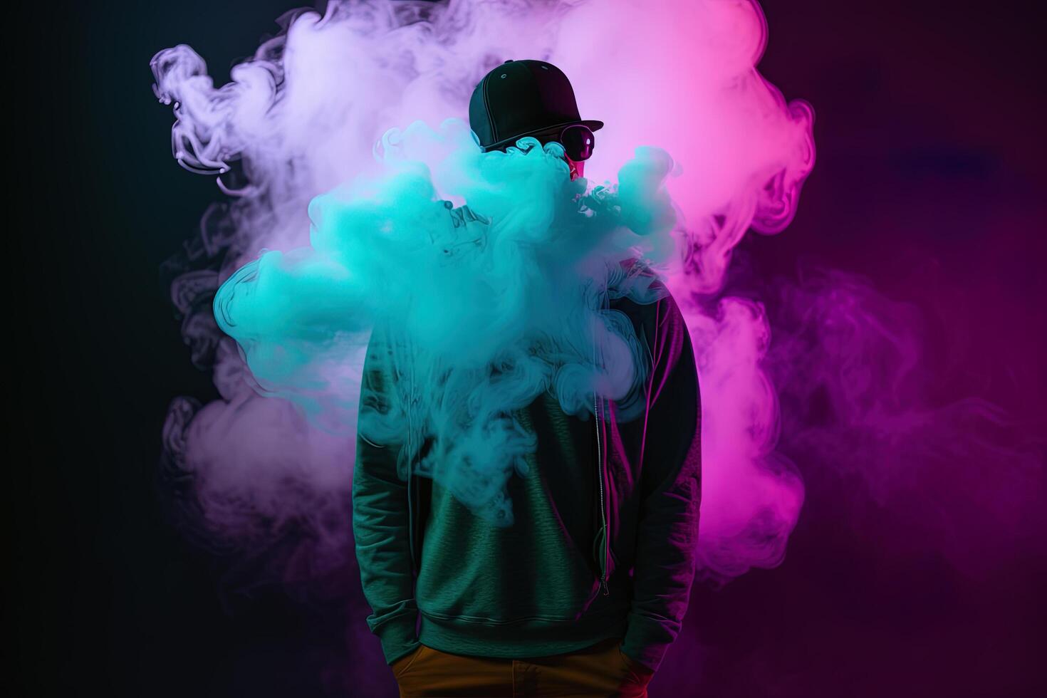 un hombre en pie en frente de un nube de fumar con neón luces. ai generado foto