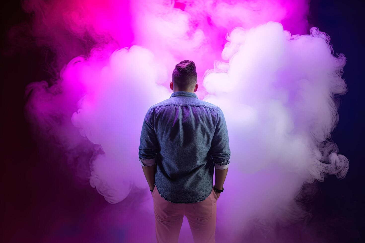 a man standing in front of a cloud of smoke with neon lights. photo