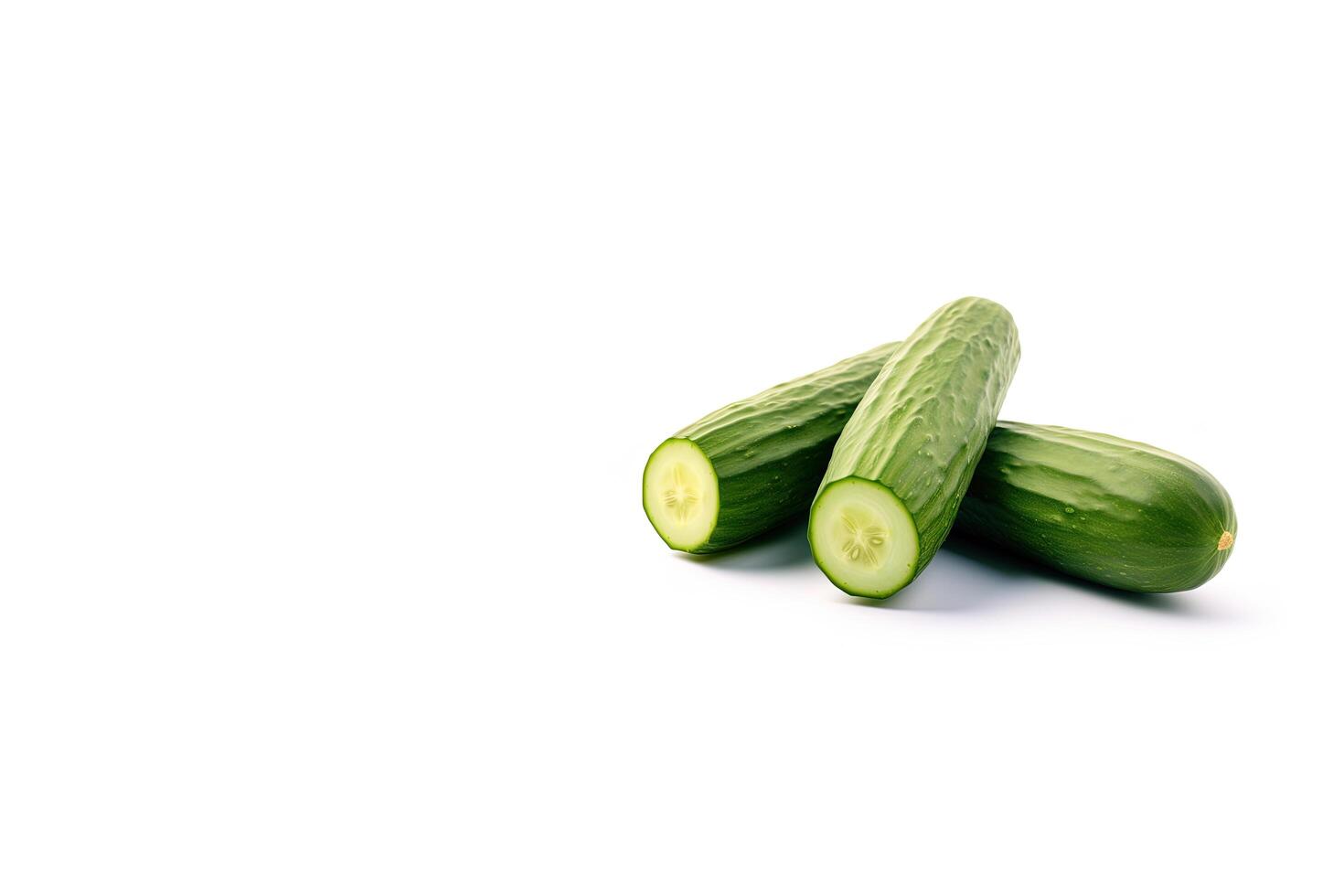 A pile of fresh whole and sliced green cucumbers isolated on white background with copy space. photo