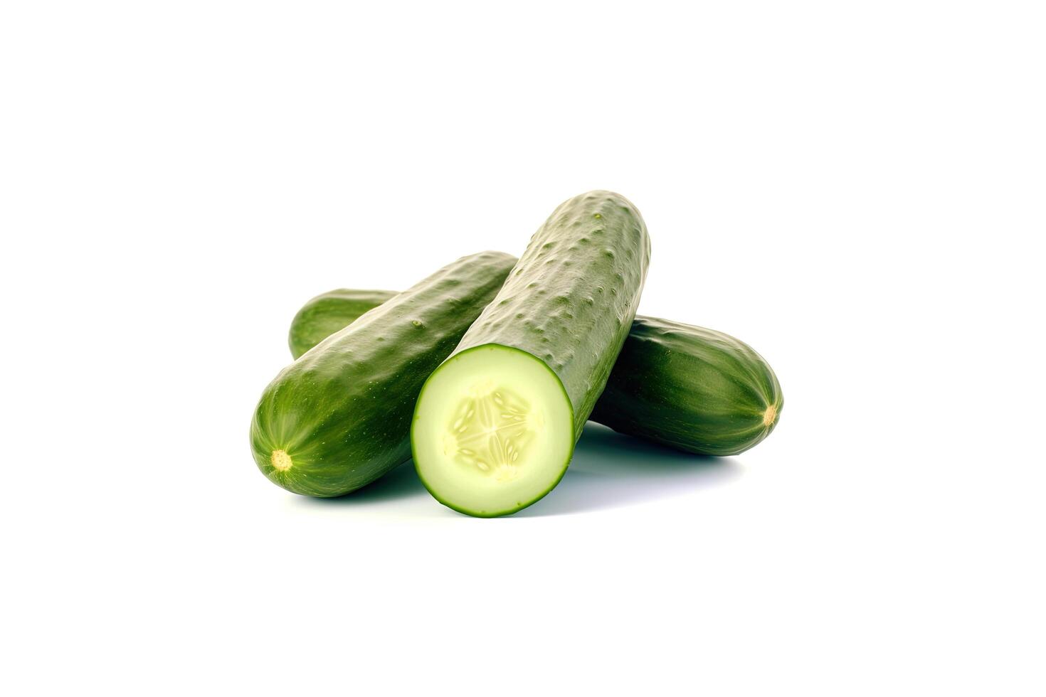 A pile of fresh whole and sliced green cucumbers isolated on white background. photo