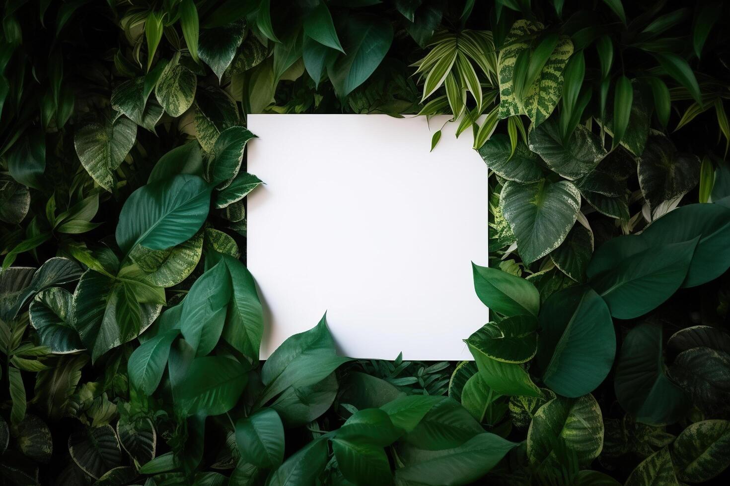 White paper card on lay green leaves texture top view background. Creative layout in nature concept. photo