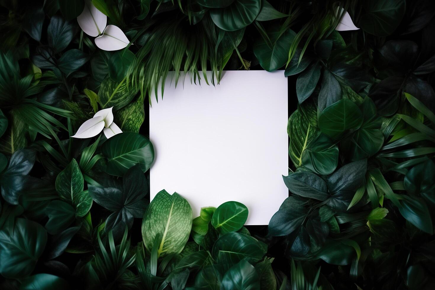 White paper card on lay green leaves texture top view background. Creative layout in nature concept. photo