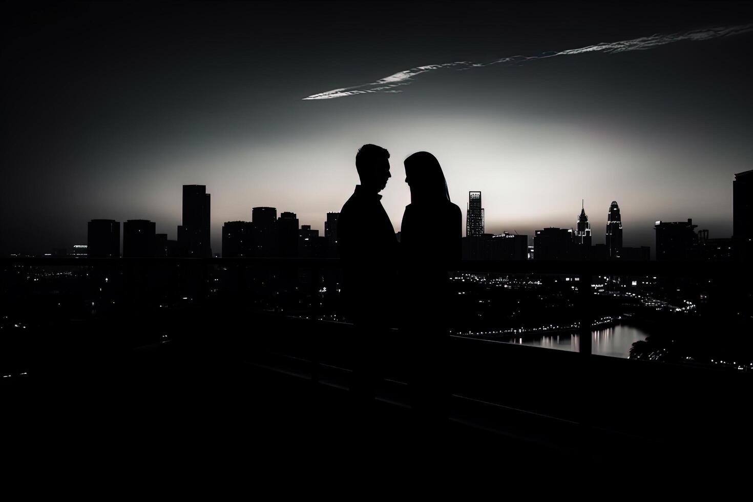 Silhouette of a romantic young couple enjoying the city nightscape. photo