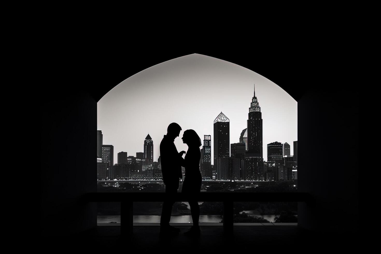 Silhouette of a romantic young couple enjoying the city nightscape. photo