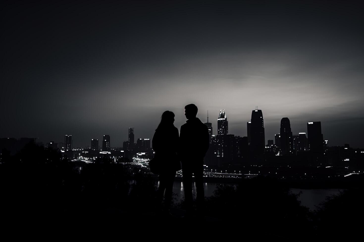 Silhouette of a romantic young couple enjoying the city nightscape. photo