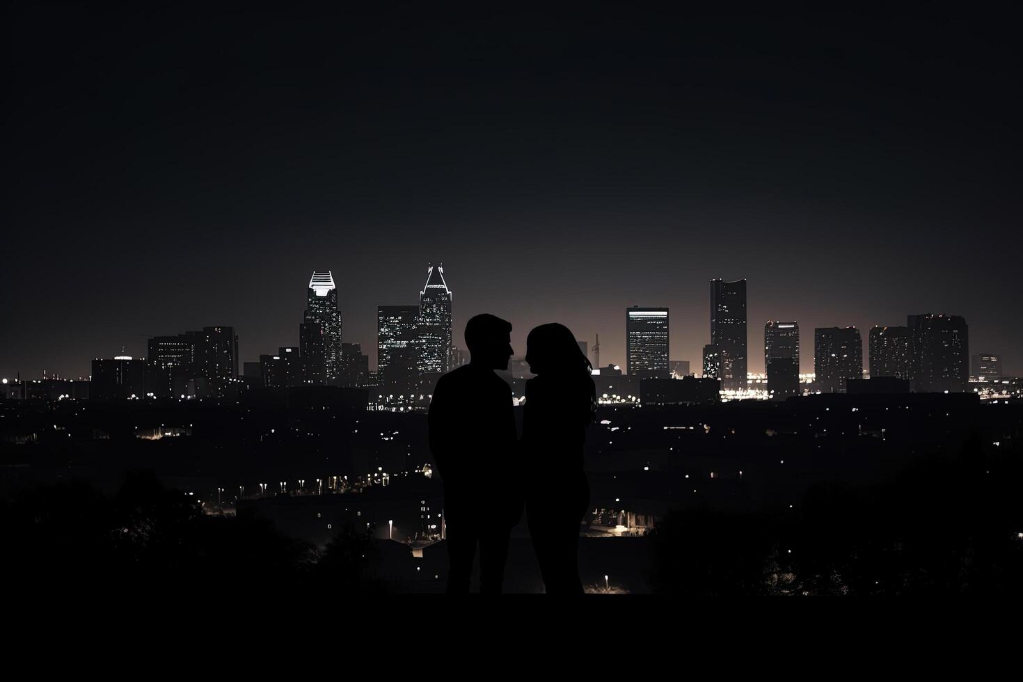 Silhouette of a romantic young couple enjoying the city nightscape. photo