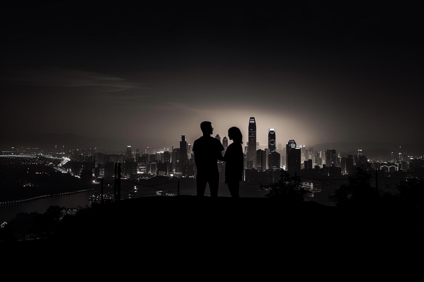 Silhouette of a romantic young couple enjoying the city nightscape. photo