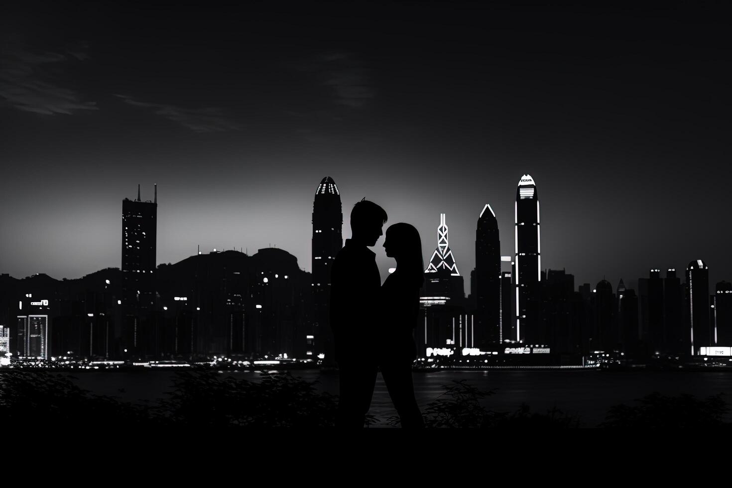 Silhouette of a romantic young couple enjoying the city nightscape. photo