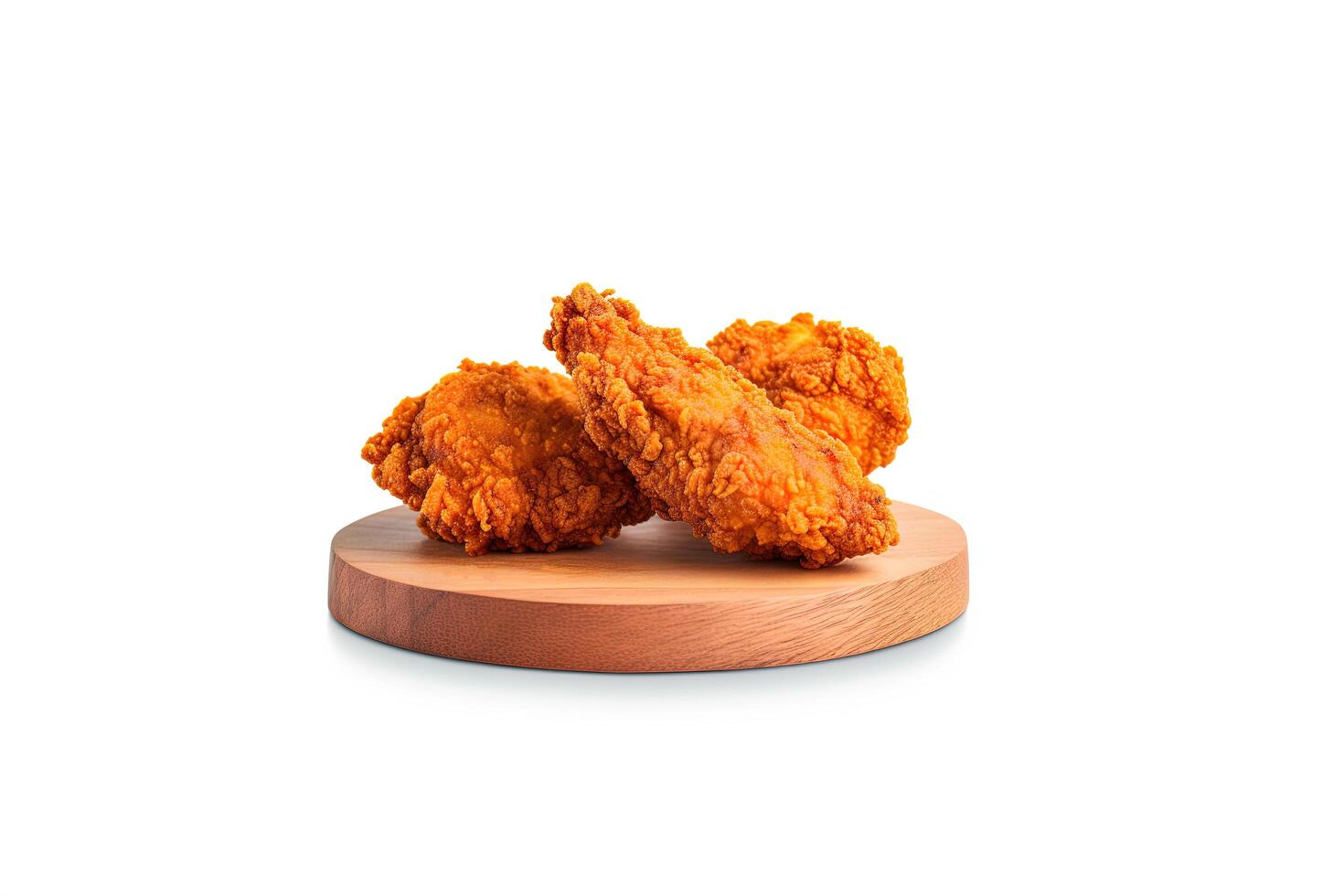 Crispy delicious fried chicken on a round wooden board isolated on white background. photo