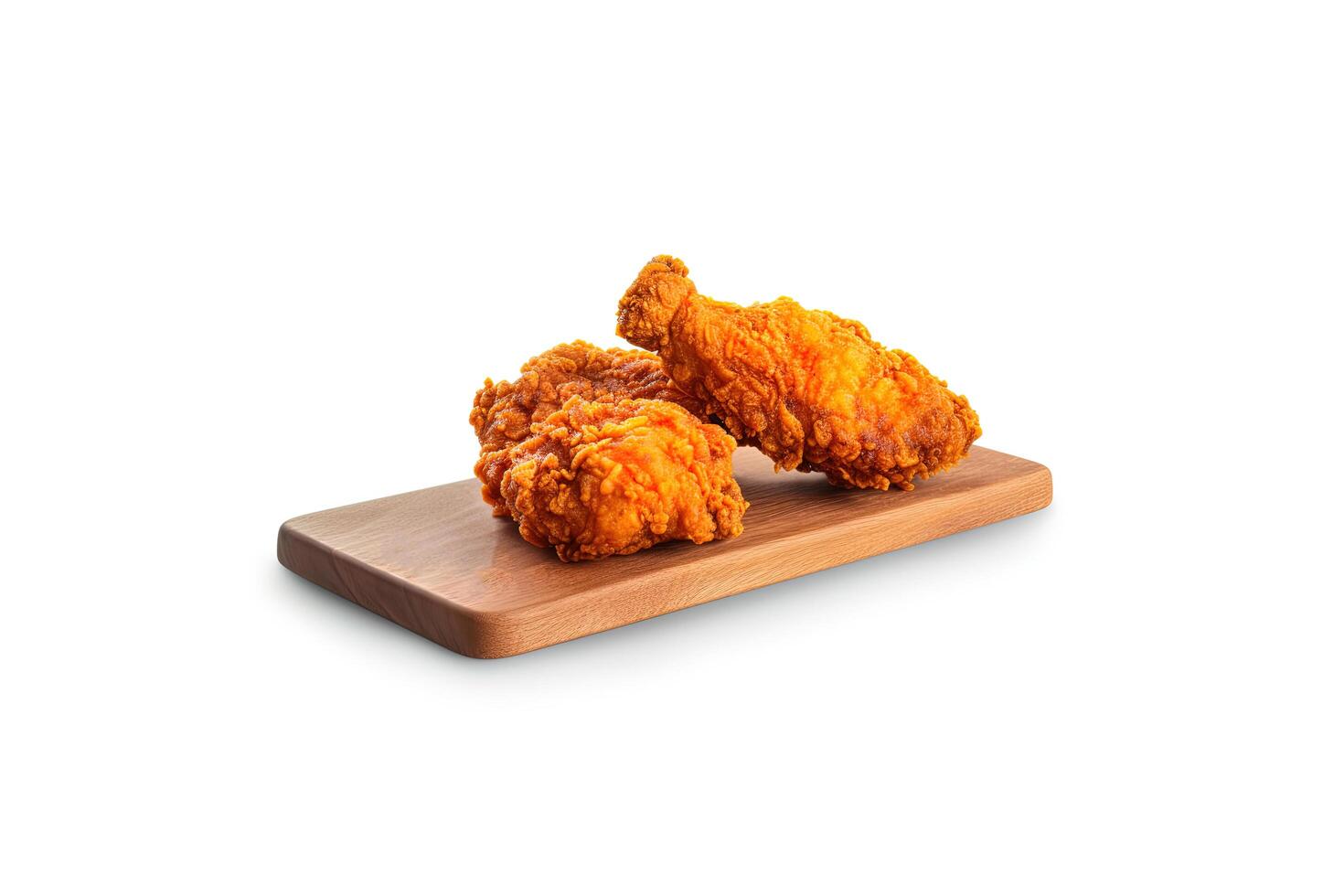 Crispy delicious fried chicken on a rectangular wooden board isolated on white background. photo