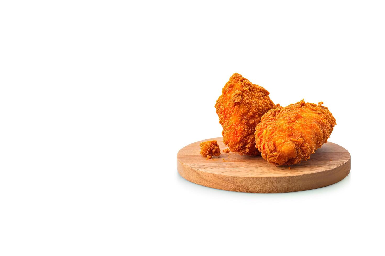 Crispy delicious fried chicken on a round wooden board isolated on white background with copy space. photo
