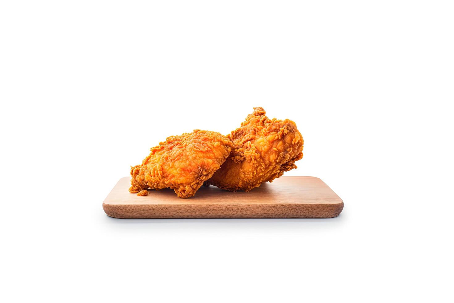 Crispy delicious fried chicken on a rectangular wooden board isolated on white background. photo